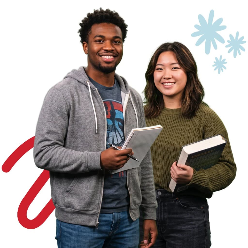 Two students holding notebooks and textbooks